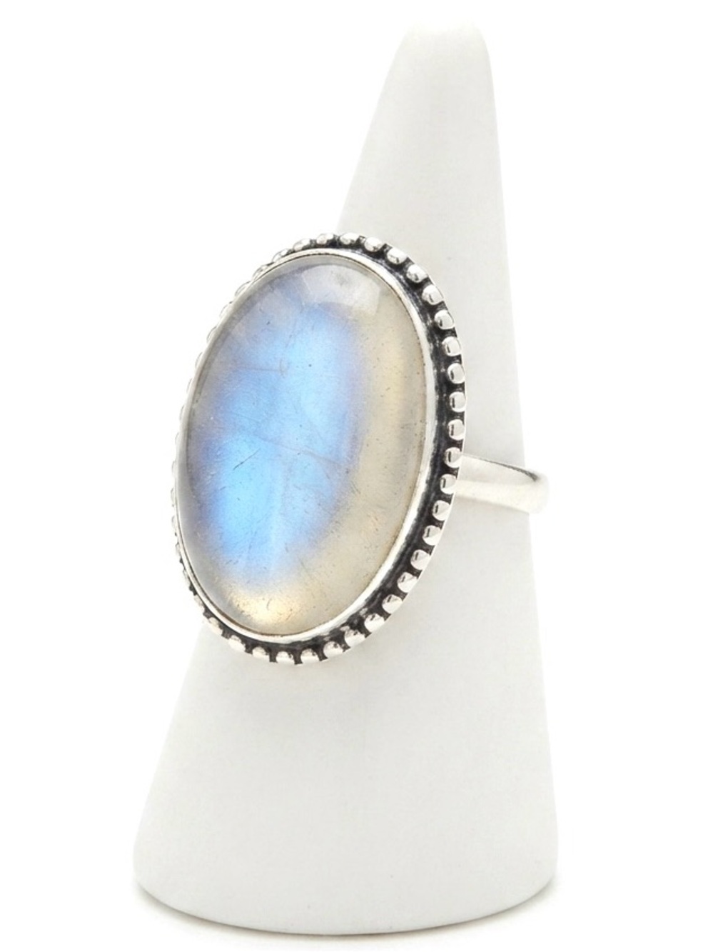 New Artisan Rare Natural Moonstone 925 Sterling Silver Oval Beaded Bezel Ring